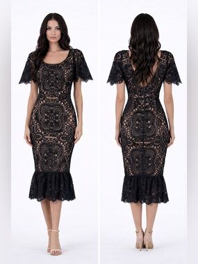 Black Lace Midi Dress with Ruffle Hem